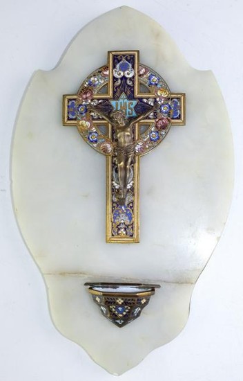 French Bronze Champleve Enamel Holy Water Font