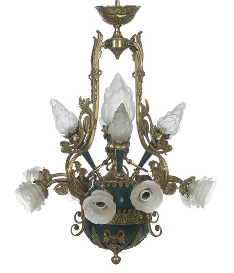 French Bronze and Green Enamel Chandelier