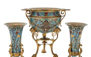 French Champlevé Enameled Gilt-Bronze Three-Piece Garniture F. Barbedienne, Paris, late 19th