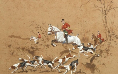 French Hunting Scene Signed Gouache on Paper