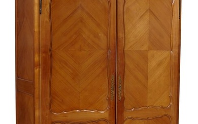 French Louis XV Style Cherrywood Armoire, 20th c., the flat top with moulded cornice, parquetry