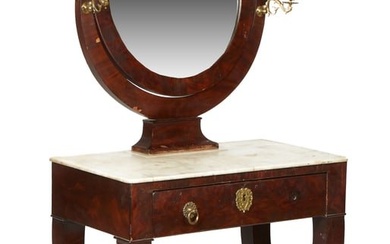 French Regency Ormolu Mounted Marble Top Mahogany Curule Base Dressing Table, early 19th c.