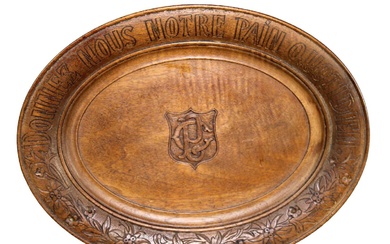 French carved oak Daily Bread platter with inscription