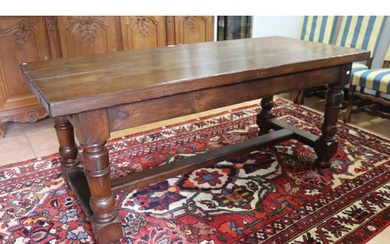 French slab topped period revival country table, baluster tu...