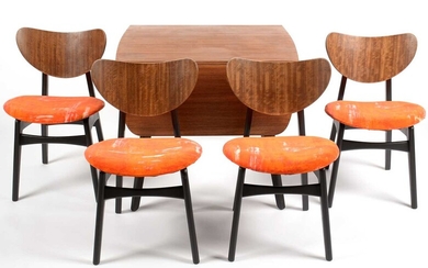 G-Plan: a 'Librenza' tola wood and black lacquered drop leaf table and four dining chairs.