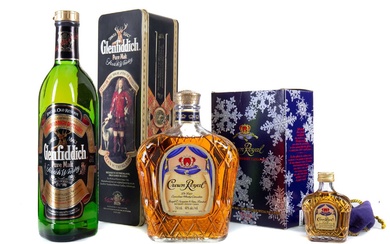 GLENFIDDICH CLAN SUTHERLAND 75CL WITH CROWN ROYAL 75CL AND MATCHING MINIATURE SINGLE MALT AND CANADIAN WHISKY