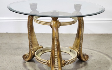 Gilt composite & glass round side table, on cabriole legs...