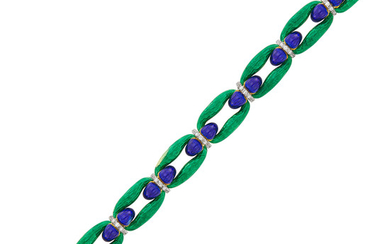 Gold, Blue and Green Enamel and Diamond Link Bracelet