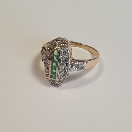 Gold Diamond & Emerald Cluster Ring, Size O 1/2