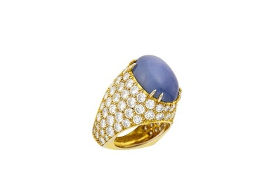 Gold-Plated Platinum, Star Sapphire and Diamond Ring