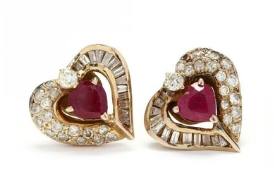 Gold, Ruby, and Diamond Heart Motif Earrings
