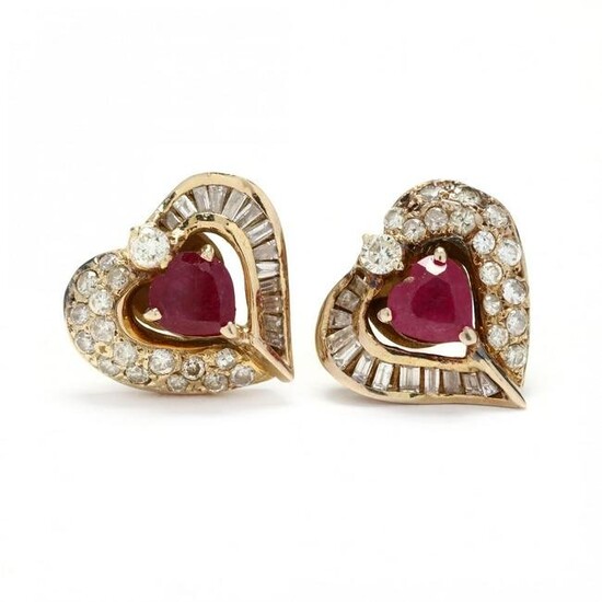 Gold, Ruby, and Diamond Heart Motif Earrings