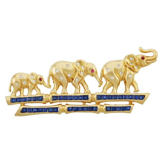 Gold, Sapphire, Diamond and Ruby Elephant Family Brooch