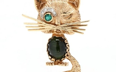 Gold and Gem-Set Whimsical Cat Brooch