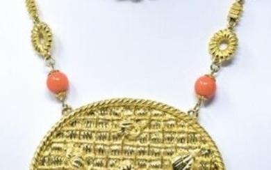 Goldette Gilt Medallion & Coral Bead Necklace