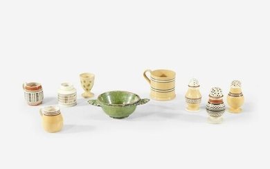 Group of nine yellow ware and mocha ware table items