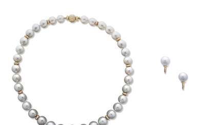 HARRY WINSTON COLOURED CULTURED PEARL AND DIAMOND NECKLACE; TOGETHER WITH A PAIR OF CULTURED PEARL EARRINGS