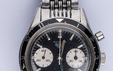 HEUER Autavia, ref. 3646, n° 97084 Vers 1967. Chronographe bracelet en acier Boîtier rond, lunette...