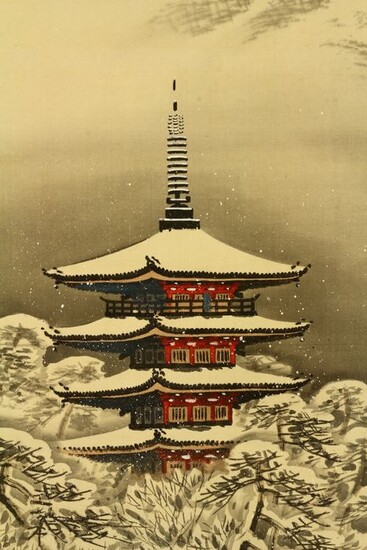 Hanging scroll painting - Silk - 'Kōsetsu' 光雪 - Five-storied pagoda in snow - With signature and seal 'Kōsetsu' 光雪 - Japan - ca 1910-30s (Early Showa/Taisho period)