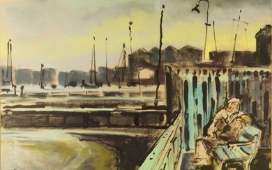 Hellmuth Weissenborn, German/British 1898-1982- Isle of Dogs, East London; charcoal, pastel, and oil on paper, signed 'H. Weissenborn' (lower left), 36.3 x 53.7 cm (ARR)