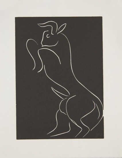 Henri Matisse, French 1869-1954, Un meuglement different des autres, from Pasiphae; linocut in black and white on wove, with the HM blindstamp, 32 x 25 cm, (unframed) (ARR) Note: The linocut plate was made by Matisse in his life time but this...