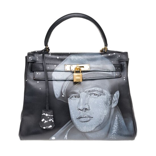 Hermès - Kelly 28 retourné en cuir box noir customisé "Marlon Brando" # 55 par PatBo Handbag