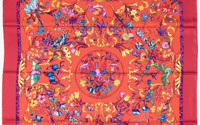 Hermès, carré en twill de soie imprimé: Pierres d’Orient et d’Occident, fond rouge, 90x90 cm