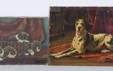 Hollandse School (20ste eeuw) (2x) , Spelende katten; Liggend hond