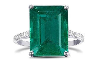 IGI MINOR OIL 9.62ct Emerald & 0.20Ct Diamonds - 14 kt. White gold - Ring