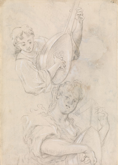 ITALIAN SCHOOL, 17TH CENTURY Studies of a Lute Player. Black chalk with white...