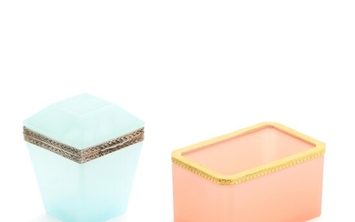 SOLD. Ice blue and peach opaline glass boxes, the one with hinged lid. 20th-21st century....