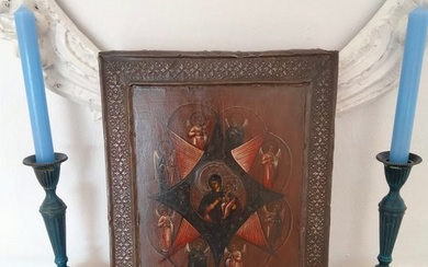 Icon - Ancient icon of the Mother of God "The Burning Bush". 19th century - Wood, Metal, temper