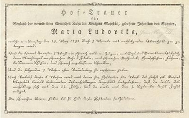 Imperial Austrian Court - court mourning notice for Empress Maria Ludovica, 19 May 1792
