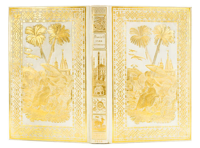 India.- Caunter (R.H.) Tableaux Pittoresques de l'Inde, 22 engraved plates after W.Daniell, original pictorial white glazed boards, gilt, Paris, 1836.