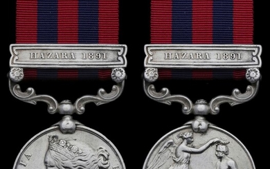 India General Service 1854-95, 1 clasp, Hazara 1891 (3289 Sepoy Gofu Q.O. Corps of Guides Infy....