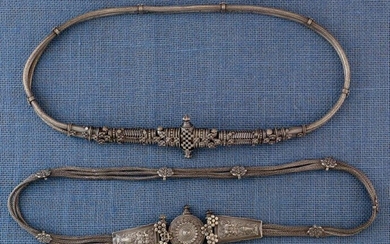 India, Maharashtra, Pune, two braided-wire belts, both with...