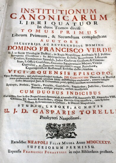 Institutionum canonicarum, di Francesco Verde, tomo I, Napoli, 1735