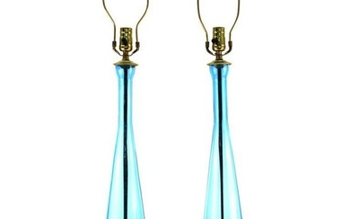 Italian Mid-Century Blue Glass Table Lamps, Pair
