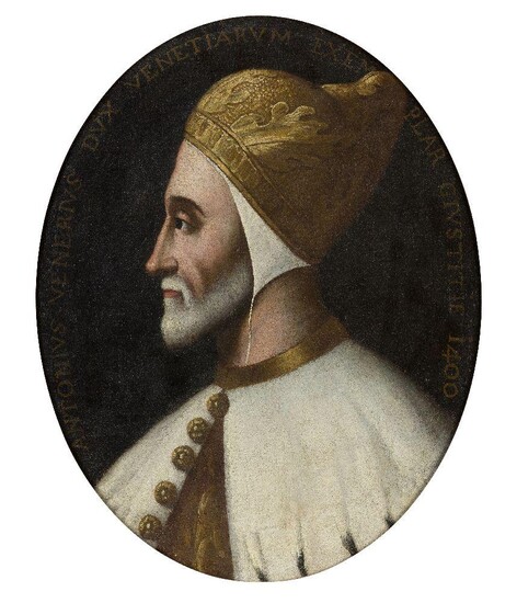 Italian School, late 18th century- Portrait of Antonio Vernier (c.1330-1400), Doge of Venice, bust-length, in profile turned to the left; oil on canvas, oval, 61 x 48.5 cm. Provenance: Private Collection, Marseille, since the 20th century. Note:...