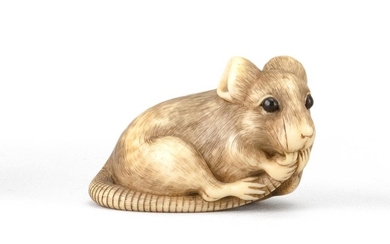 JAPANESE IVORY NETSUKE In the manner of Okatomo. In the form of a rat with inlaid horn eyes. Length 2". Not available for internatio...