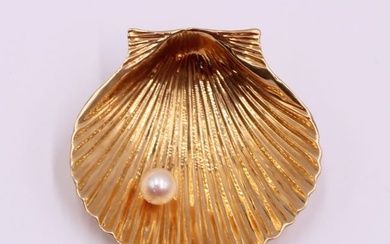 JEWELRY. 14kt Gold and Pearl Shell Form Brooch.