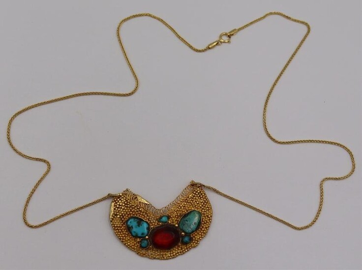 JEWELRY. 18kt Gold Turquoise and Gem Pendant.