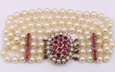 JEWELRY. Vintage Pearl, 14kt and Ruby Bracelet.