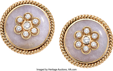 Jadeite Jade, Diamond, Gold Earrings Stones: Full-cut diamonds weighing...