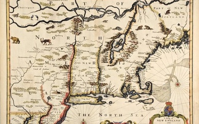 John Speed and Francis Lamb "Map of New England and New York", ca. 1676. Hand colored engraved map