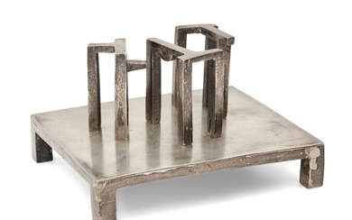 Jonathan Clarke, British b.1961- Untitled, 2006; cast sterling silver in 4 pieces including plinth, assay marks for London, 2006, stamped with monogram and numbered '1 of 7', H9.8 x W16.9 x D13.7 cm including plinth (ARR)