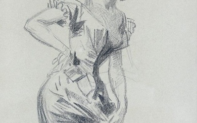 Jules CHERET (1836-1932)." Elégante" et "le joueur de mandoline". Réunion de deux dessins au fusain...