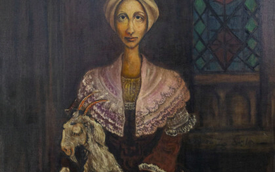 Kopel Schwarz (1901-1984) - Woman with Goat and Kid, Oil on Canvas, 1978.