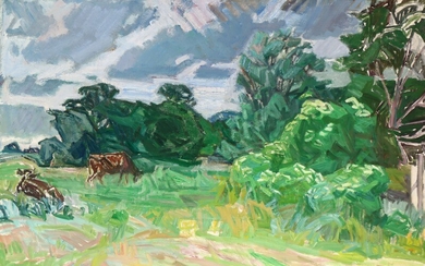 Kræsten Iversen: Landscape with cows. Signed K. I. Oil on canvas. 94×137 cm.