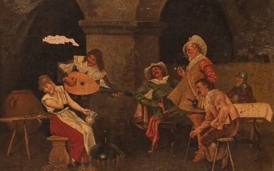 L. Cerale, Italian, 19th century- Tavern scenes of musicians serenading girls; oils on canvas, each signed 'Cerale.' and 'L. Cerale' (lower left and lower right), each bear old labels attached to the reverses of the stretchers, each 31.5 x 40 cm...